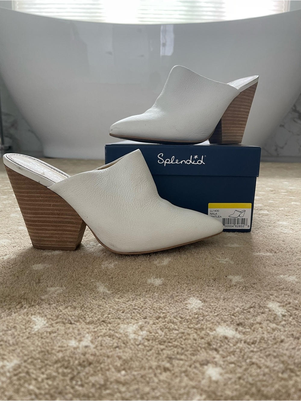 Splendid White Leather Stacked Heel Mules